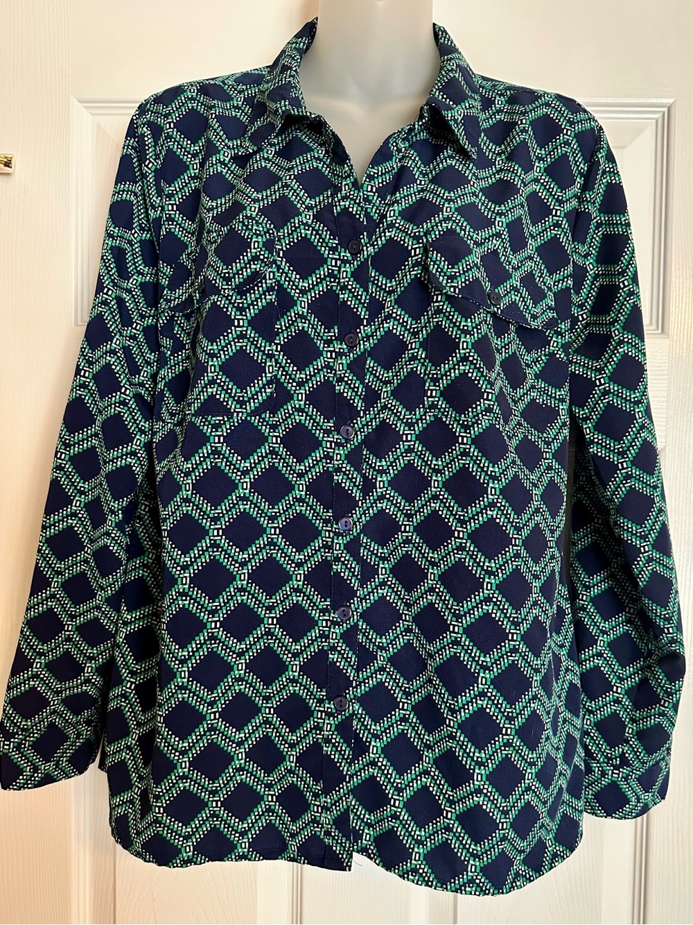 Notations Navy with Green Geometric Button-Up Shirt